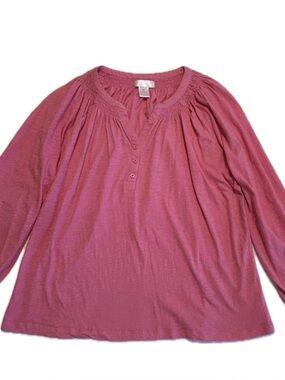 Stella Parker XL Pink Peasant Blouse Smocked Henley Boho EUC Long Sleeve Top